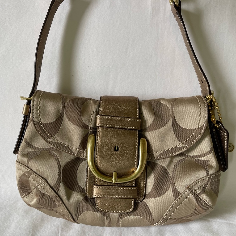 Coach Soho Signature Small Sateen Metallic Small Flap Shoulder Handbag Purse